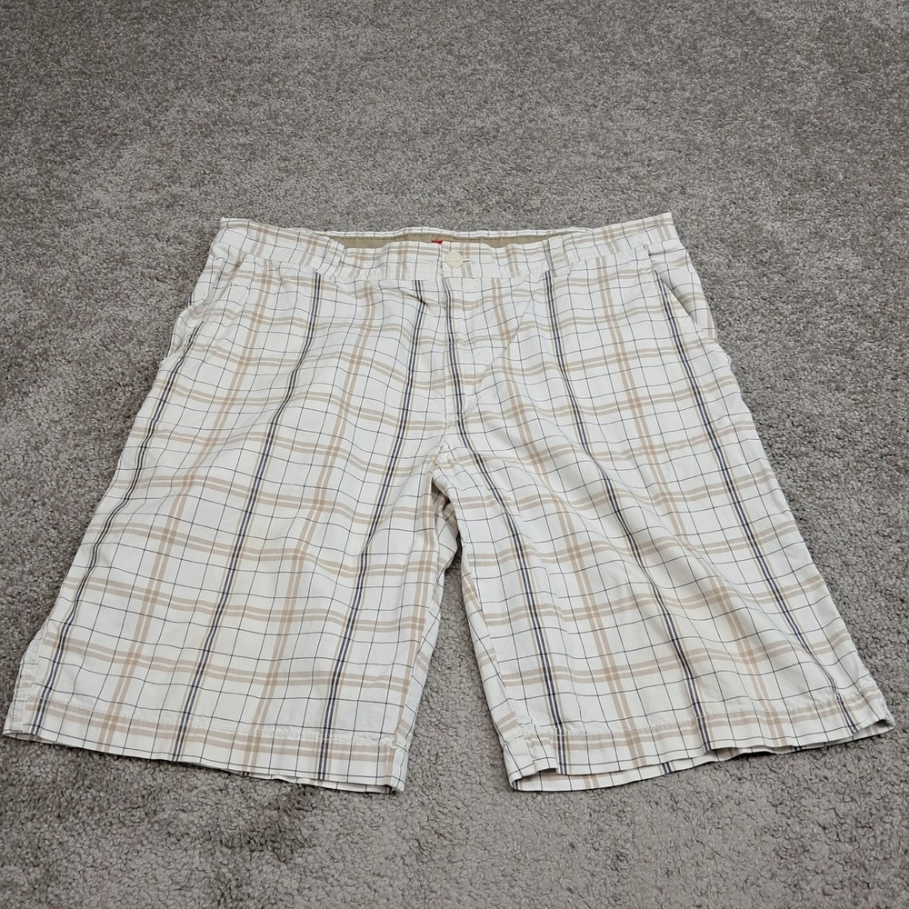 Izod Mens Plaid Flat Front Cotton Shorts White Tan Blue Size 36 Casual Summer